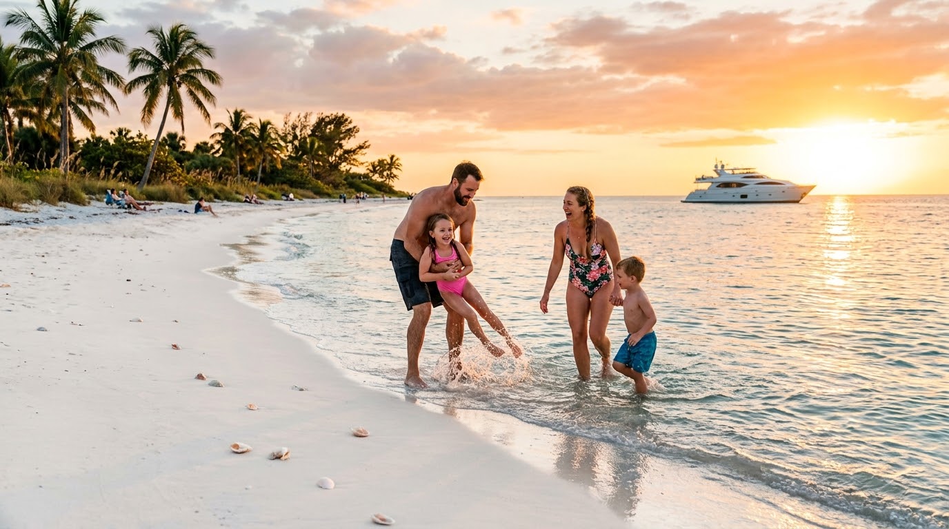 Eine Familie vergnügt sich am Strand in Südwest Florida im Wasser und hat spaß mit den Kindern. Im Hintergrund ist eine Yacht zu sehen. Die Sonne steht tief und taucht den weißen Sandstrand in eine schöne Stimmung.