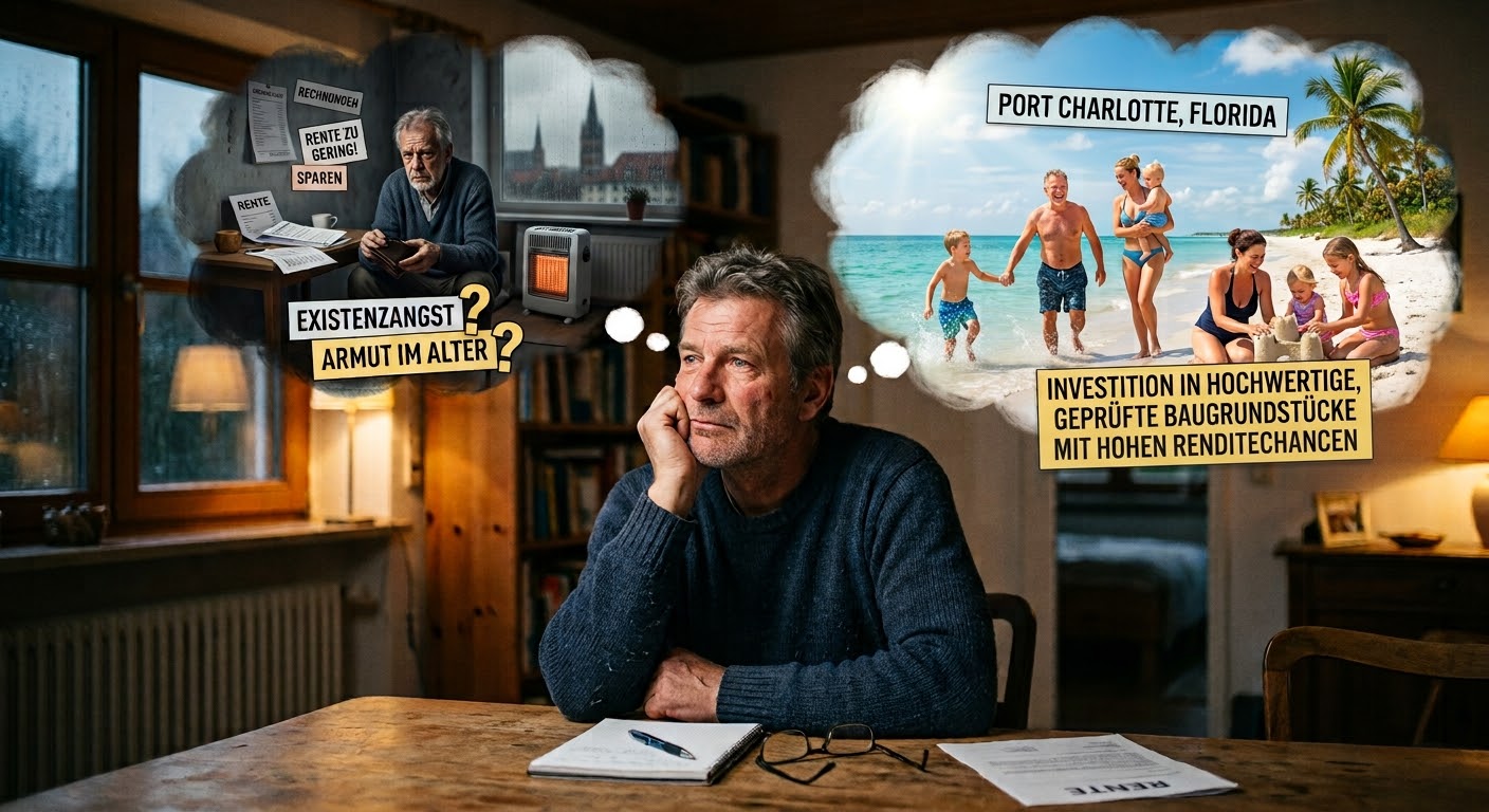 Ein Mann denkt über seine wirtschaftliche Situation in der Zukunft nach. Er befürchtet, dass seine Rente im Alter zu gering ist und er an Altersarmut leiden müsste. Deshalb überlegt er, welche Vorteile der Kauf geprüfter Baugrundstücke in Port Charlotte, Florida als Investiton für ihn hätte und entscheidet sich für ein Gespräch mit einem Grundstücksexperten von WSG Germany