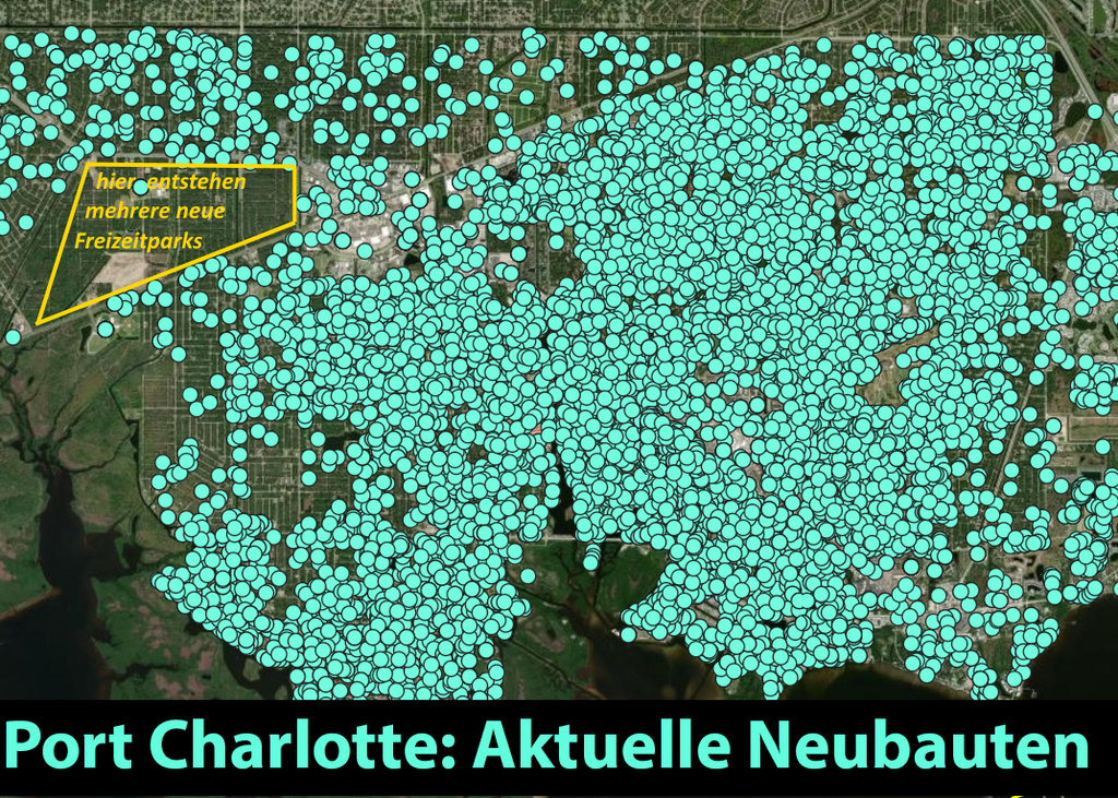 Eine Luftaufnahme von Port Charlotte. Port Charlotte bietet viele neue Attraktionen, welche schon heute und zukünftig Charlotte County sehr positiv prägen.
