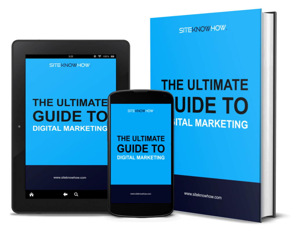The ultimate guide to digital mareting e-book cover mockup on book, tablet and smartphone