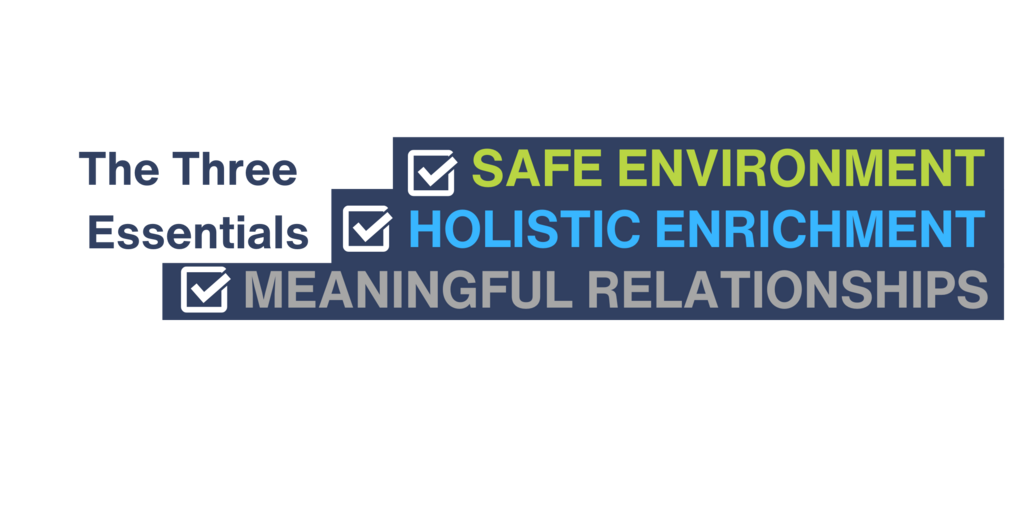 Three blue bars with check marks beside the phrases "Safe Environment," "Holistic Enrichment," and "Meaningful Relationships"