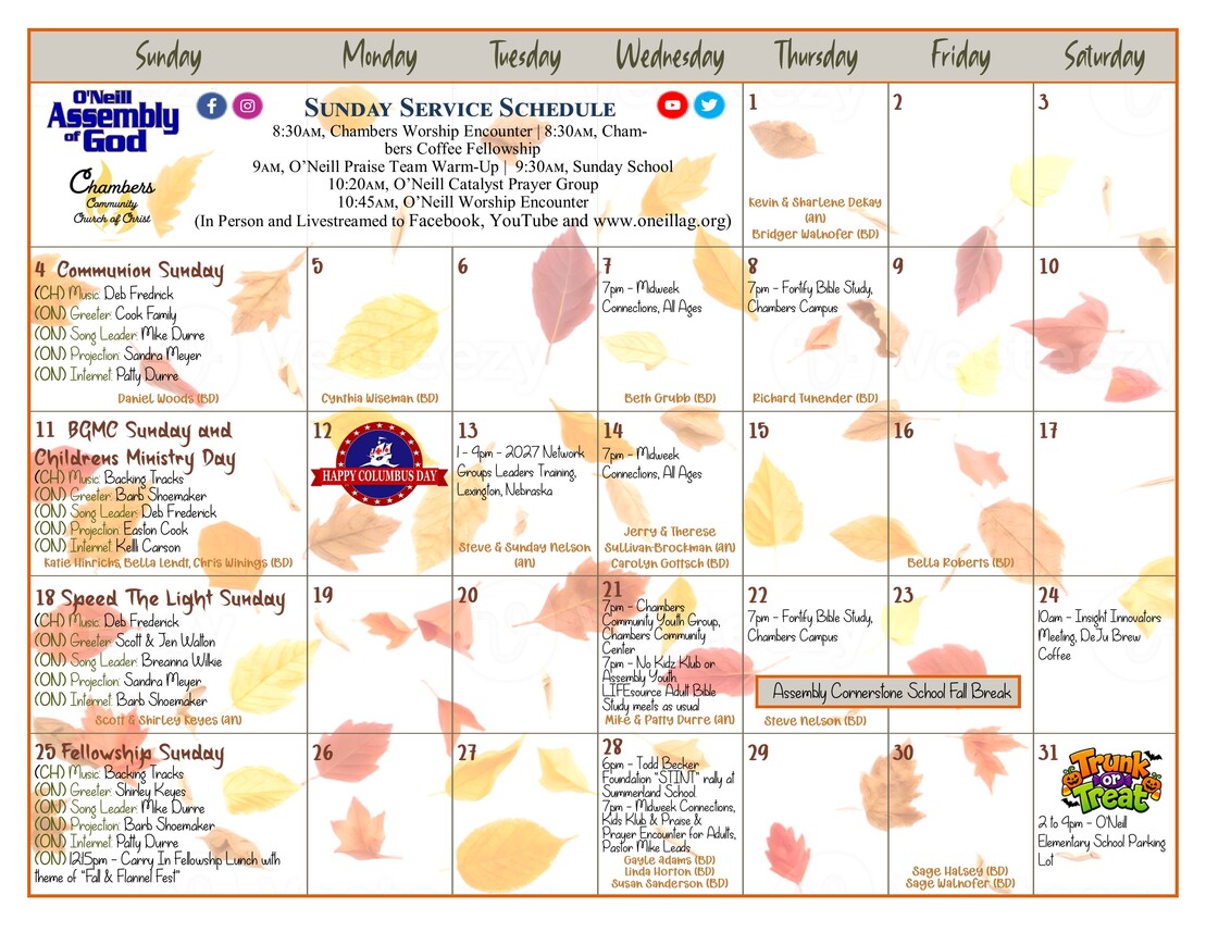 O'Neill Assembly of God Monthly Calendar