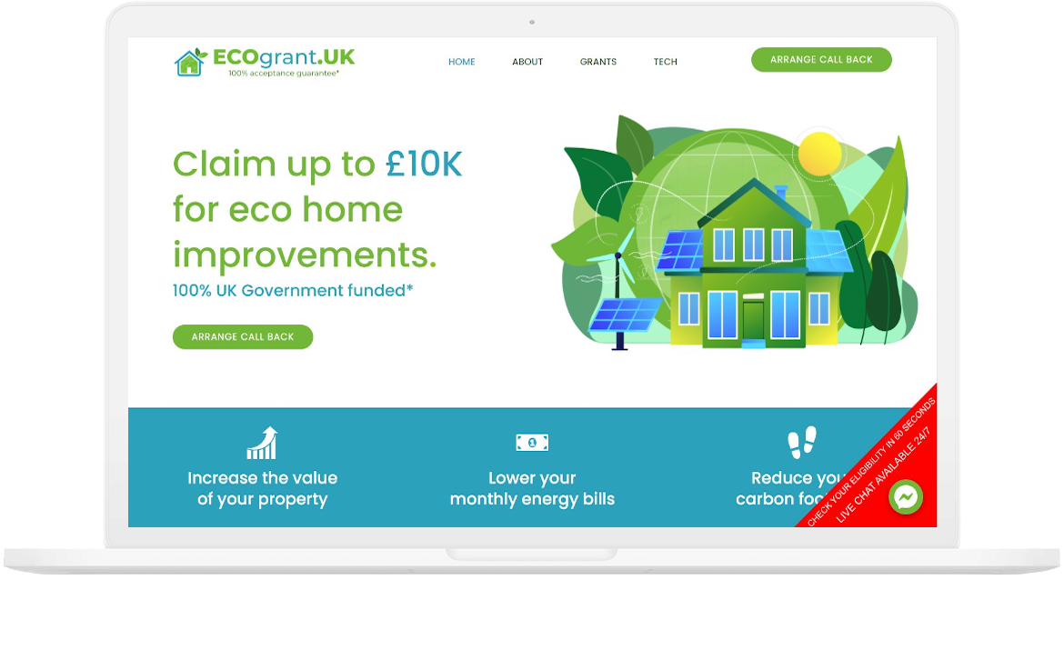Eco Grant UK website screenshot on laptop mockup