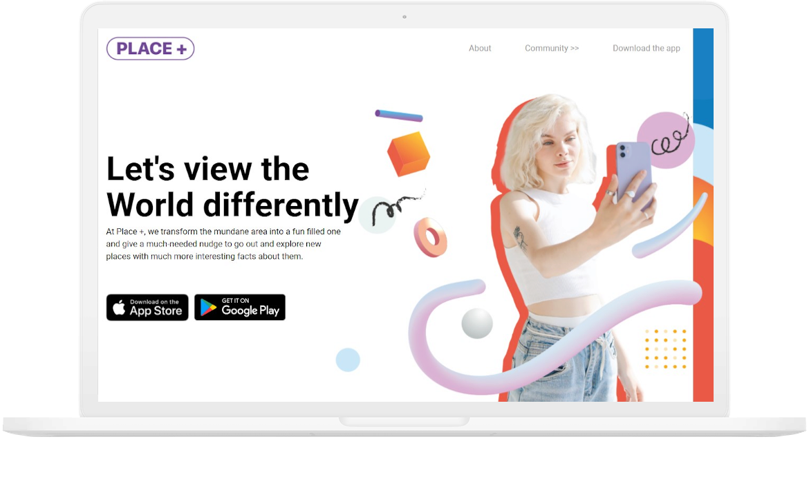 Place+ website screenshot on laptop mockup