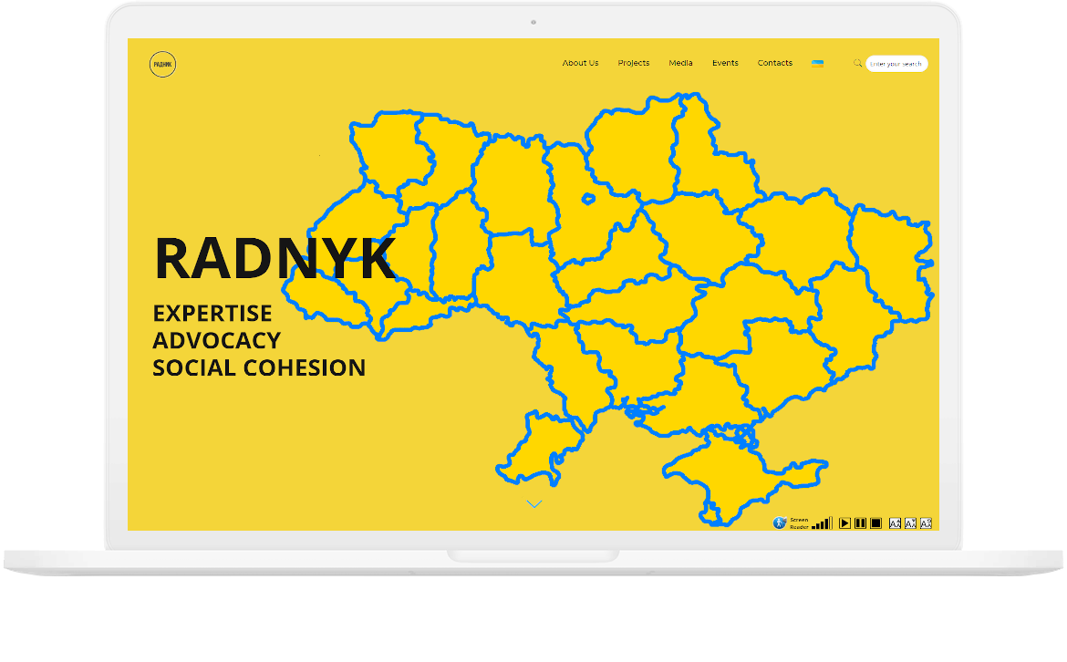 Radnyk NGO website screenshot on laptop mockup