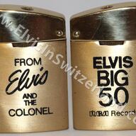 A master of marketing, the Colonel was always attentive to VIPs and recognized the importance of keeping them happy. In this pursuit, he often created special promotional gifts for this crowd. The Zaima butane lighter inscribed “Elvis Big 50 / RCA Records” on one side and “From Elvis and The Colonel” on the reverse was most likely the giveaway for the 1970 Las Vegas Summer Festival opening night—the “Big 50” was the promotional phrase used for Elvis’s new Worldwide 50 Golden Hits release. The four-album compilation set was released in August 1970, which ties the “Big 50” lighters to this period.

We obtained this item from a lady who worked at the dress shop at the International. Joe Esposito gave this lighter to her as a thank-you for helping get Elvis’s backup singers dressed and ready to go on stage.