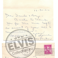 December 30, 1962: Thank you note from Loanne Parker to Trude Forsher. Loanne Parker and Colonel Tom Parker were married on October 26, 1990. They remained married until his passing in January 1997. Trude Forsher was a Viennese Jewish refugee and Hollywood housewife who became Elvis Presley’s personal secretary and publicity coordinator between 1956 and 1961. She managed Elvis's fan mail, coordinated his media relations on his early movie sets, and served as a vital gatekeeper to his inner circle.