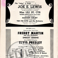 Elvis Presley performed his first-ever Las Vegas engagement from April 23 to May 6, 1956, at the New Frontier Hotel. Although his "Heartbreak Hotel" was topping the charts, the 21-year-old rockabilly singer failed to impress the mature, middle-aged Vegas audience of that era, and his two-week booking was cut 