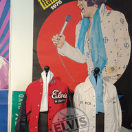 Left: Original Elvis in Concert Winter Jacket 1977 which Dr. Nick owned. Right: Original The Elvis Presley Show summer jacket which Dr. Nick owned. Crew members/bodyguards wore these jackets on tour.