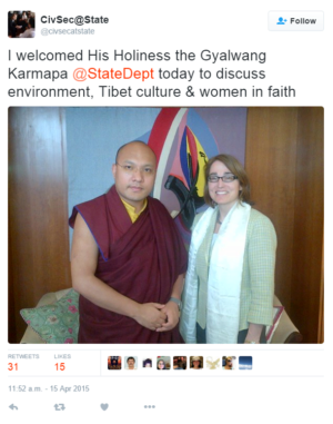 Tweet of Sarah Sewall with Ogyen Trinley Dorje, April 2015