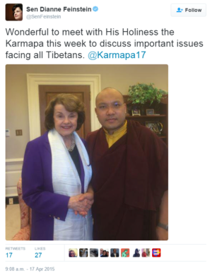 Tweet by Diane Feinstein with Ogyen Trinley Dorje, April 2105
