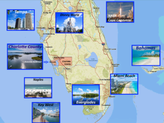 Darstellung unterschiedlicher Standorte auf einer Karte der Florida Halbinsel