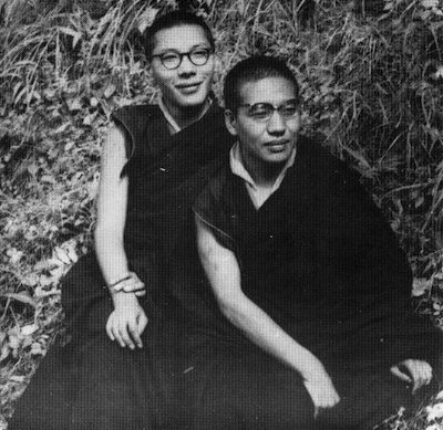 Black and white photograph of a young Akong Tulku and Chogyam Trungpa taken in India in the early 1960s