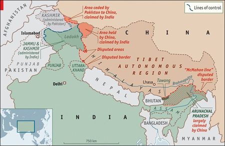 Map showing political borders and lines of control in the Himalayan region. (Source: Economist) 