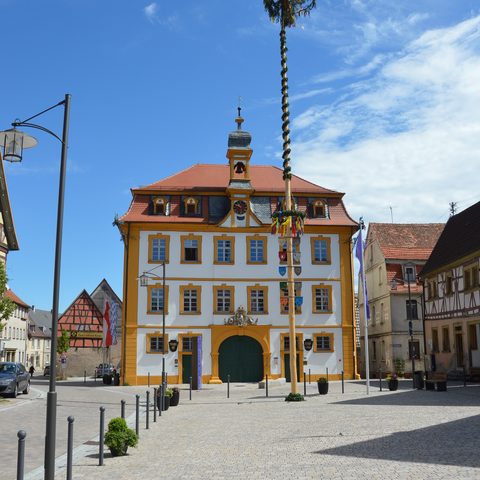 Rathaus mit Maibaum Quelle: Stadt Röttingen Foto Evelyn Lorenz