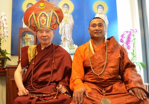 Photograph of Zhongba and Chin Kung in Tibetan uniform, 2012
