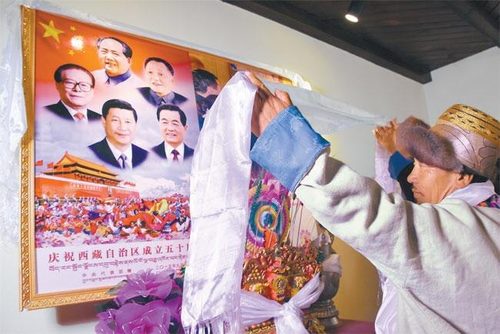 Photograph of Tibetan man with CCP shrine, 2019