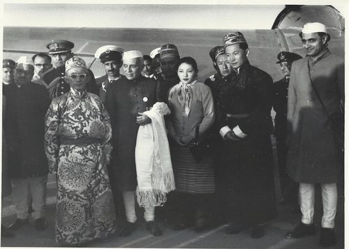 Photograph of Tashi Namgyal, Nehru, Sangay Deki, Palden Thondup Namgyal, and Apa Pant, 1956