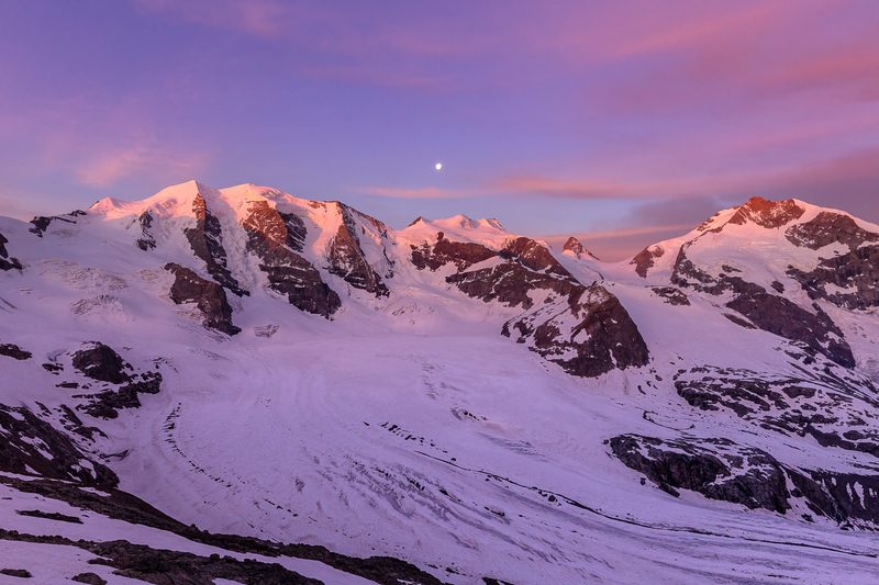 Morgenstimmung Richtung Piz Palü und Piz Bernina, Engadin