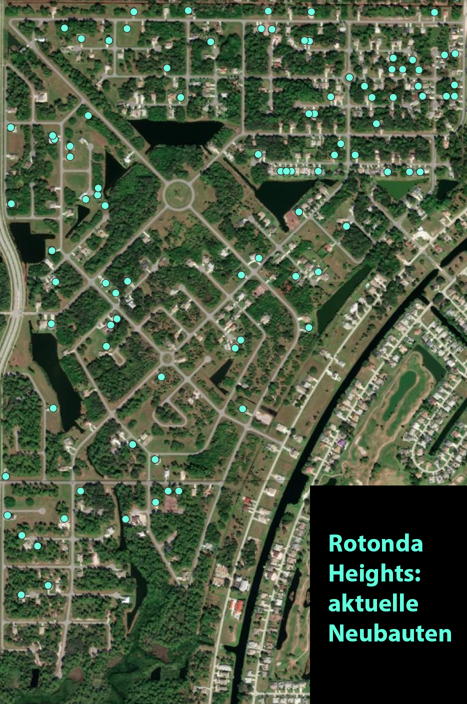 Ein Blick auf Rotonda Heights. Ein relativ neues Baugebiet nordwestlich des Rotonda Circle. Sehr beliebt speziell für Menschen, die ruhig und auf großen, voll erschlossenen Grundstücken leben wollen. 