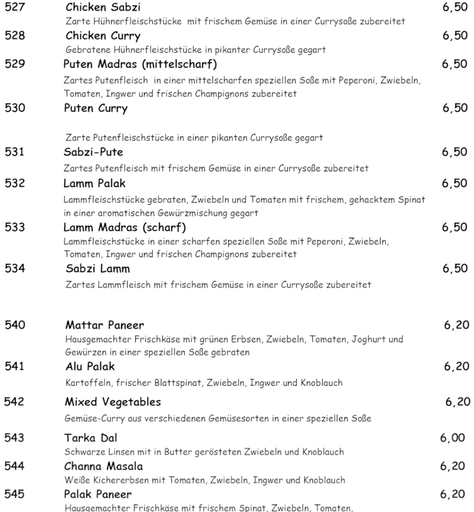 Speisekarte Mittagsmenü