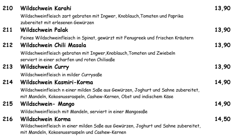 Speisekarte Wildschwein Spezialitäten