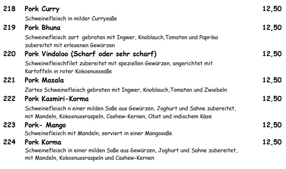 Speisekarte Schweinefleischfilet Spezialitäten