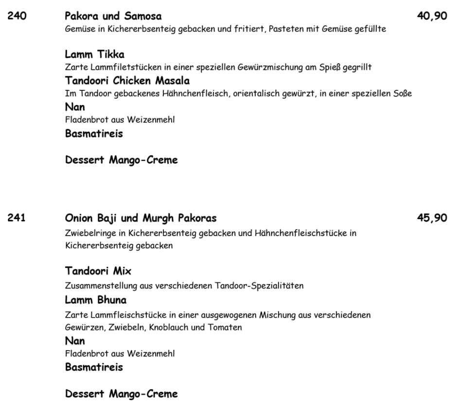 Speisekarte Menüs für zwei Personen